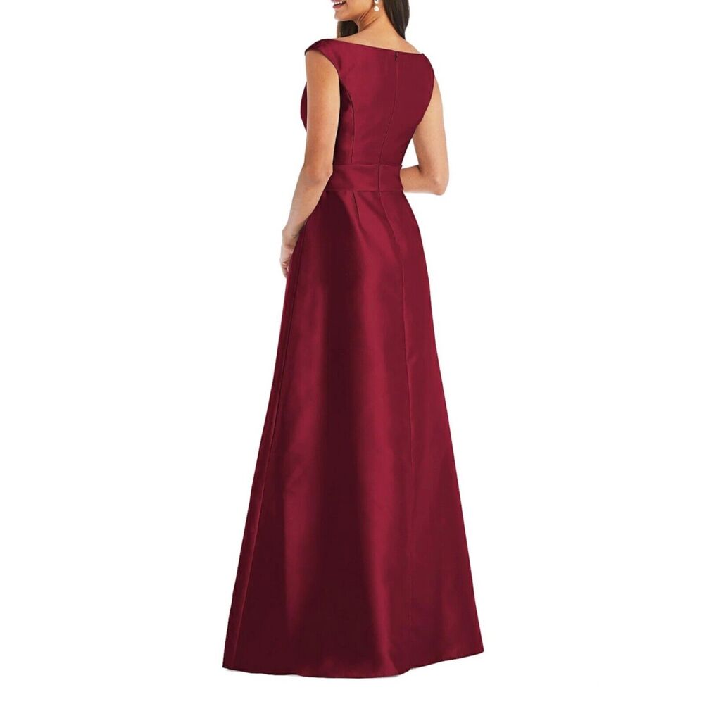 Alfred Sung Off the Shoulder Satin Maxi Dress in‎ Burgundy Red - Picture 2 of 8